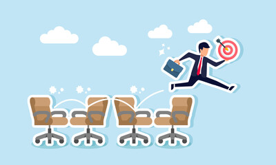 A businessman is jumping over a series of office chairs while holding a target board, illustrating a step-by-step approach to achieving business goals for improvement and growth