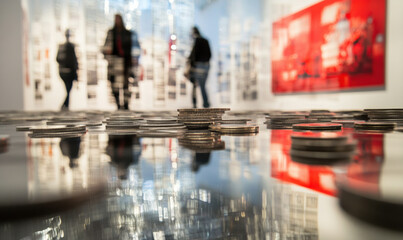 People walking through an art gallery, with their reflections on floor