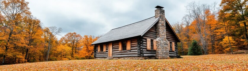 A charming log cabin surrounded by vibrant autumn foliage and a tranquil landscape, perfect for nature lovers and cozy getaways.
