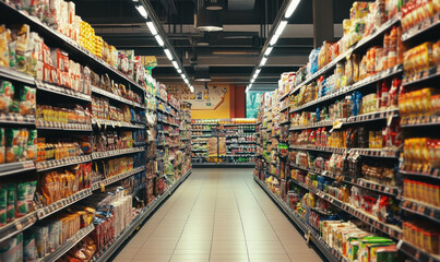 Aisle in supermarket with shelves stocked with various grocery items