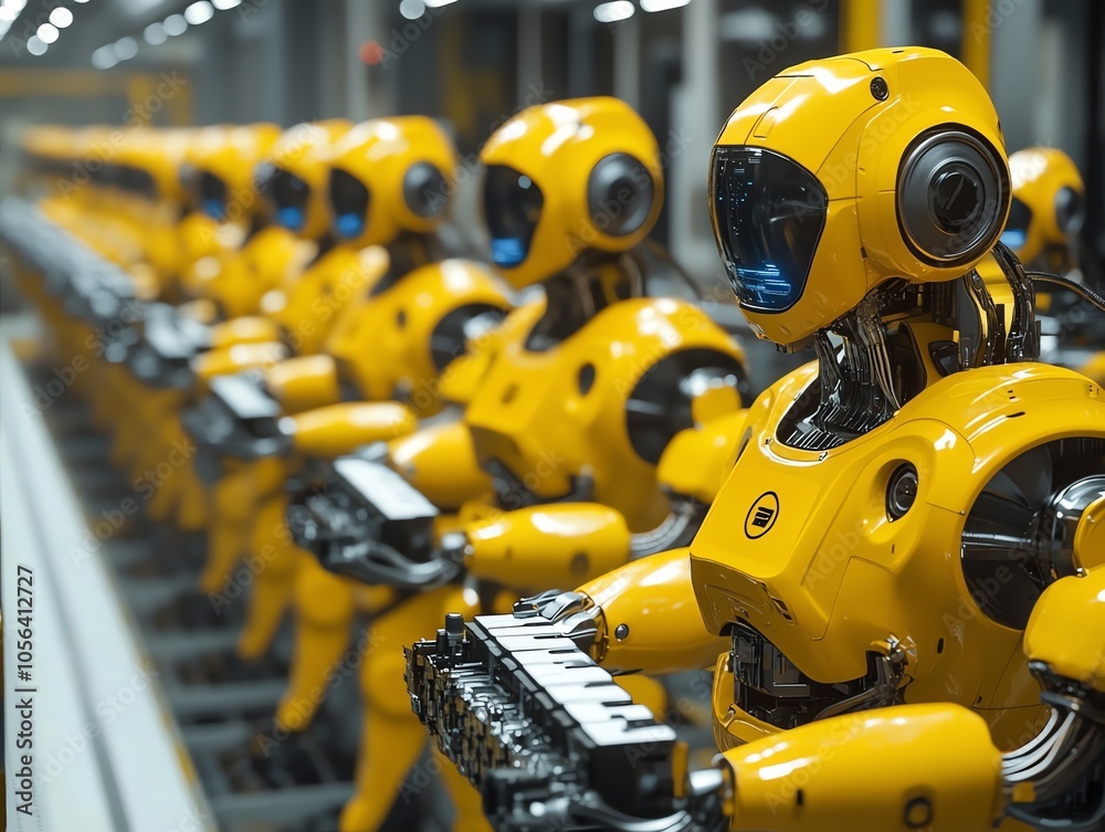 Fototapete a row of yellow humanoid robots in a factory setting, working in unison.