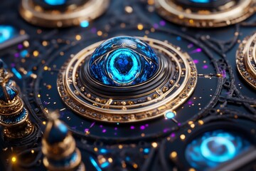 Magical evidence board with floating symbols and enchanted items connected by glowing lines, capturing the mystical side of gathering clues, symbolizing magic and discovery