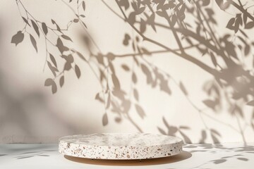Empty terrazo podium for product display , exibition , showcase , leaf shadow