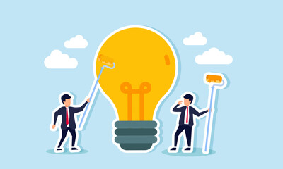 Two businessmen hold paintbrushes, coloring or updating a light, illustrating evaluation and upgrades of innovations and ideas being applied in business to stay relevant