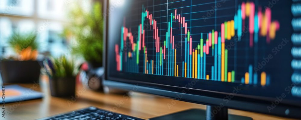 Poster a computer monitor displays a graph of stock prices. the graph is colorful and has many different li