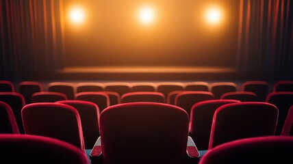Fototapeta premium A cozy theater interior showcasing plush red seats and warm stage lights, inviting viewers for an unforgettable performance.