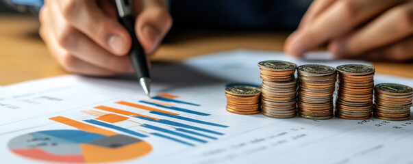 A person is writing with a pen on a piece of paper with a graph and a pile of coins. The graph shows a trend, and the coins represent a financial investment. The person is likely analyzing the data