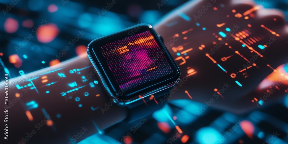 Fototapete a person's wrist with a smartwatch glowing with a futuristic display and overlayed with a neon abstr