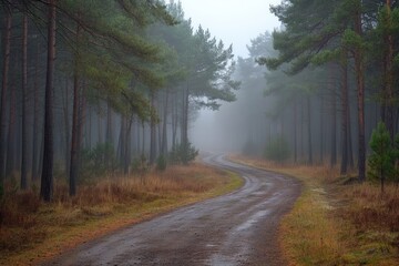 Obraz premium Morning fog on a forest road, pine trees barely visible, serene and mystical