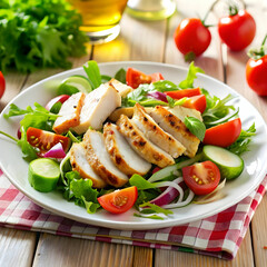 chicken salad with vegetables on the table on whit background