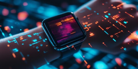 A person's wrist with a smartwatch glowing with a futuristic display and overlayed with a neon abstract pattern.
