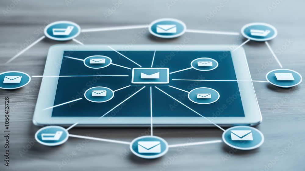 Poster a tablet screen shows a network of emails, with a large blue circle in the center. the circle is sur