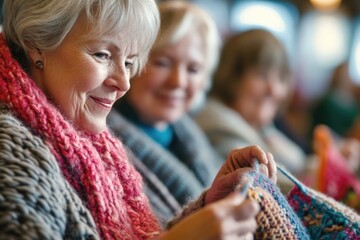 A group of mature women in a knitting class, learning new patterns and techniques, happily working on their projects