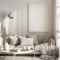 A minimalist living room interior with a large blank poster frame hanging above a beige sofa with cushions and a throw. a round coffee table. and a vase with dried branches. lit by a wall lamp