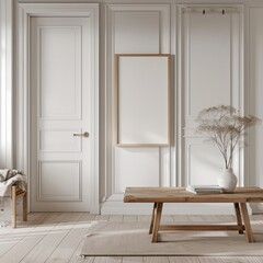 Minimalist interior design with a wooden table. white walls. a framed canvas. and dried flowers in a vase