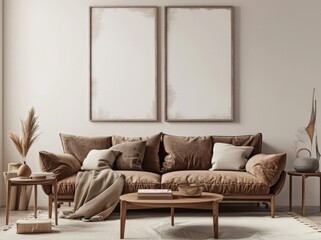 A living room interior with a brown sofa. two side tables. a coffee table. and two framed posters on the wall