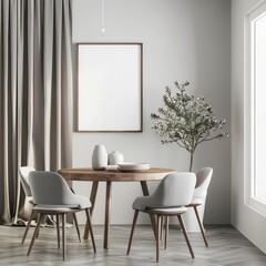 Modern dining room interior with wooden table and chairs. a potted plant. and a blank canvas on the wall