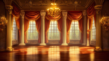 Obraz premium The cartoon illustration shows a palace room, a royal castle ballroom with windows, drapes, columns, and gold chandeliers. Medieval Banquet Hall. Illustration