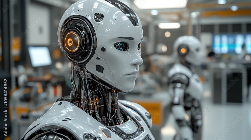 Aufkleber A close-up of a humanoid robot with blue eyes, standing in a factory setting, with another robot in the background.