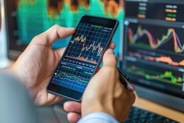 Professionals using smartphones for financial analytics, collaborative workspace, financial charts