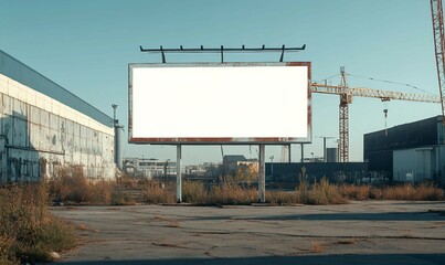 Obraz premium Industrial Scene with Blank Billboard Mockup, Construction Cranes, and Ample Space for HighImpact Advertisements 