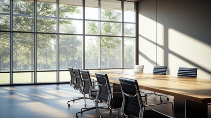 Fototapeta premium High-resolution photorealistic image of an empty boardroom with a long wooden table and modern black chairs The large windows bring in ample natural light, highlighting the sleek, minimalist design