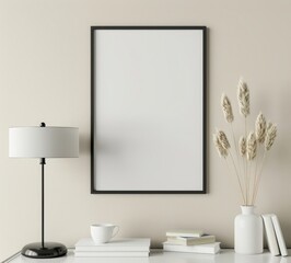 A minimalist interior design mockup with a black frame. a white lamp. a vase with dry flowers. and books on a white table
