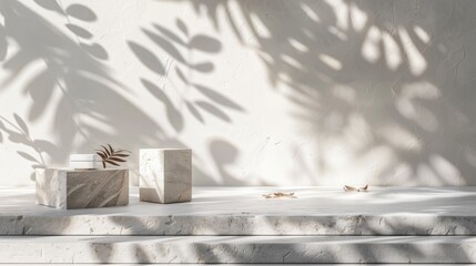 Elegant product display with stone, minimalistic design, and natural leaf shadows