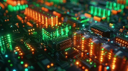 Obraz premium Dynamic Server Architecture: 3D Render of Circuit Board with Colorful Background and Code Processing