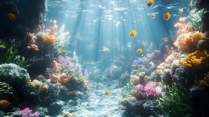 Underwater Coral Reef Scene with Sunbeams and Colorful Fish - Realistic Image