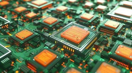 Obraz premium Advanced Technology Visualization: Printed Circuit Board Server with Glowing Code and Bokeh Effects