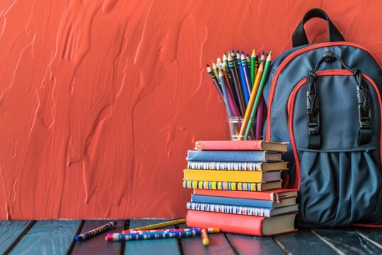 Education theme with books, crayons, and a backpack, back to school concept with copy space