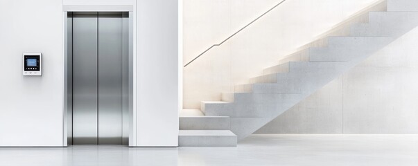 A modern interior featuring an elevator and sleek staircase against a minimalist white wall, promoting contemporary architecture.