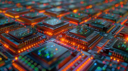 Obraz premium Tech Innovation Showcase: 3D Circuit Board Server with Bright Colors and Abstract Code Background