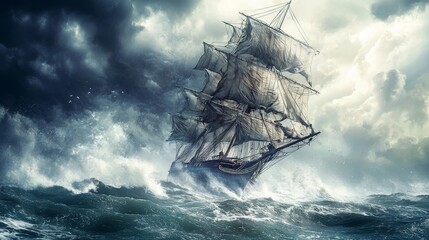 A ship sailing through stormy seas, where civil rights are the sails, torn and tattered but still holding strong