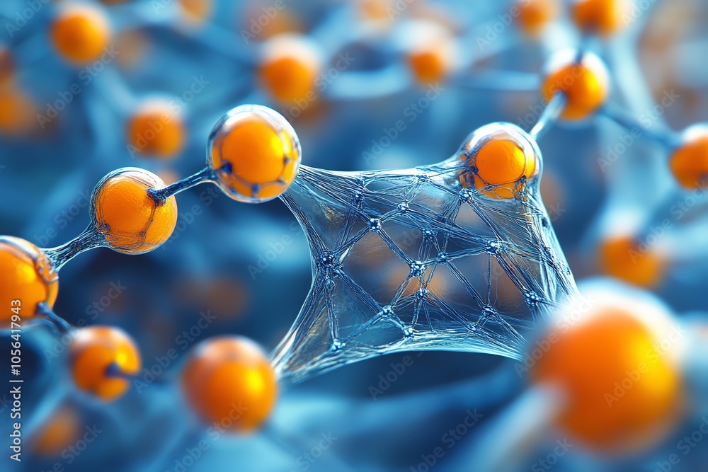 Poster Abstract 3D rendering of a molecule with orange spheres connected by a blue web.