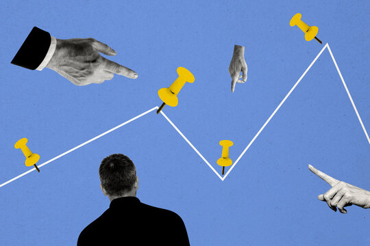 Composite creative art collage of anonym man stand back graph development pin trader hands point success isolated on painted background