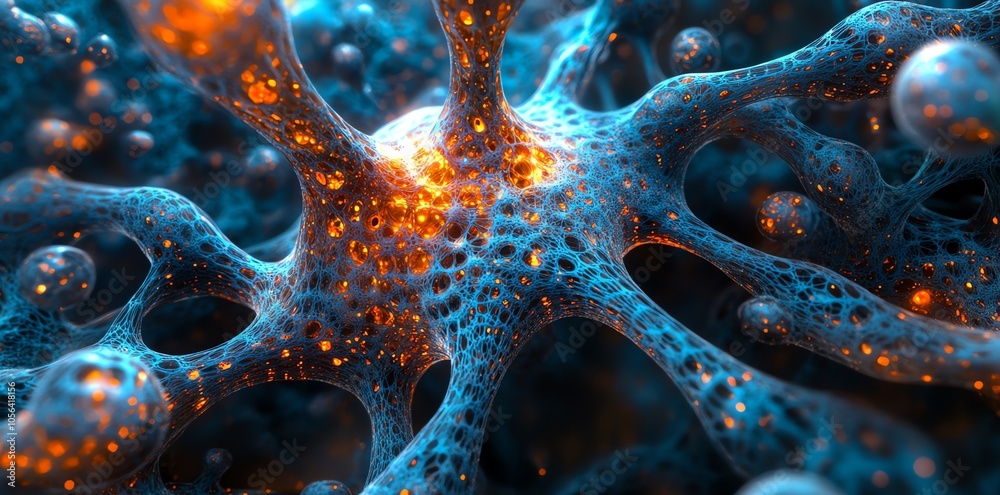 Poster Abstract 3D rendering of a glowing blue and orange neural network with intricate details.