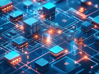 Fototapeta premium Abstract futuristic cityscape composed of glowing blue and orange circuit boards with data flow.