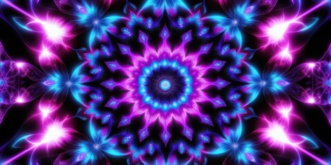 Kaleidoscopic mandala, psychedelic pattern, vibrant purple and blue, fractal design, concentric circles, symmetrical floral shapes, glowing neon elements, intricate details, hypnotic effect, digital a