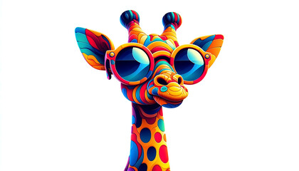 Cartoon colorful giraffe with sunglasses on white background. Created with generative AI