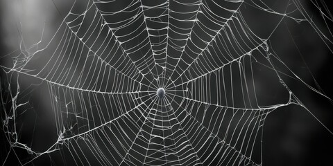 Naklejka premium Spider web, intricate details, morning dew, droplets, symmetrical pattern, delicate threads, black and white, macro photography, natural geometry, glistening, ethereal, atmospheric, moody, foggy backg