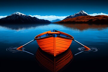 a 2D cartoon illustration of a rowboat with two oars on a lake calm and relaxing white background