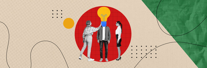 Composite panoramic collage of business people light bulb idea finding concept headless man...