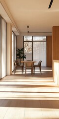 Fototapeta premium A bright, modern dining room with minimalist design, featuring wooden furniture, large windows, and natural light.