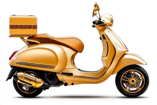 a 2D cartoon illustration of a scooter with a food delivery box efficient and modern white background