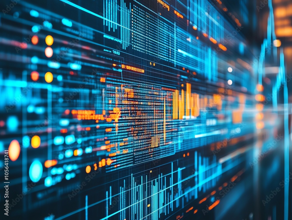 Poster Abstract digital data stream with lines and graphs in blue and orange hues on a black background.