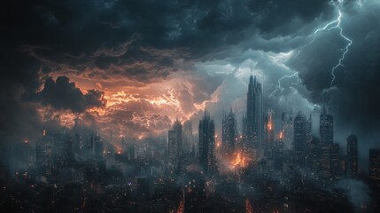 Heavy, dark clouds loom over the city skyline at dusk, with lightning generative ai