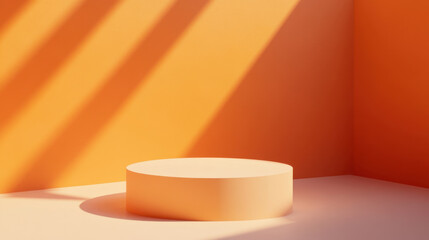 vibrant light orange background creates warm and inviting atmosphere, featuring circular podium that casts soft shadows. This minimalist design is perfect for showcasing products or art