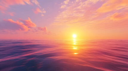 Fototapeta premium Sunset over ocean with sun halfway down, casting pink, orange, and yellow hues across the horizon sky